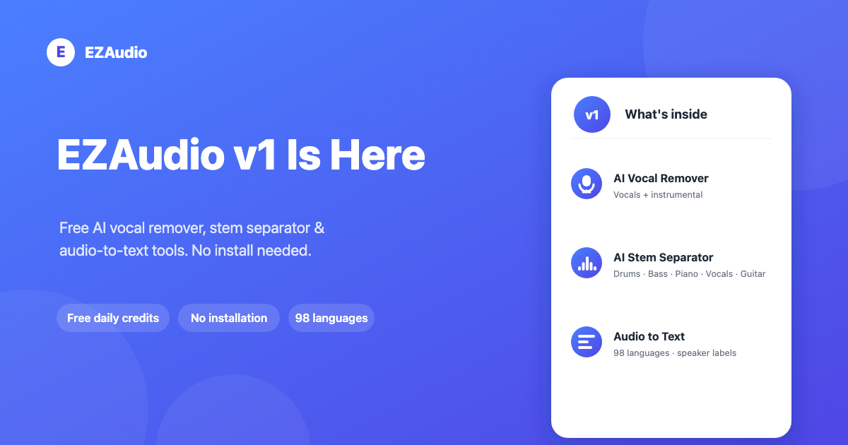 EZAudio v1 Is Here: Free AI Vocal Remover, Stem Separator & Audio-to-Text Tool Launches