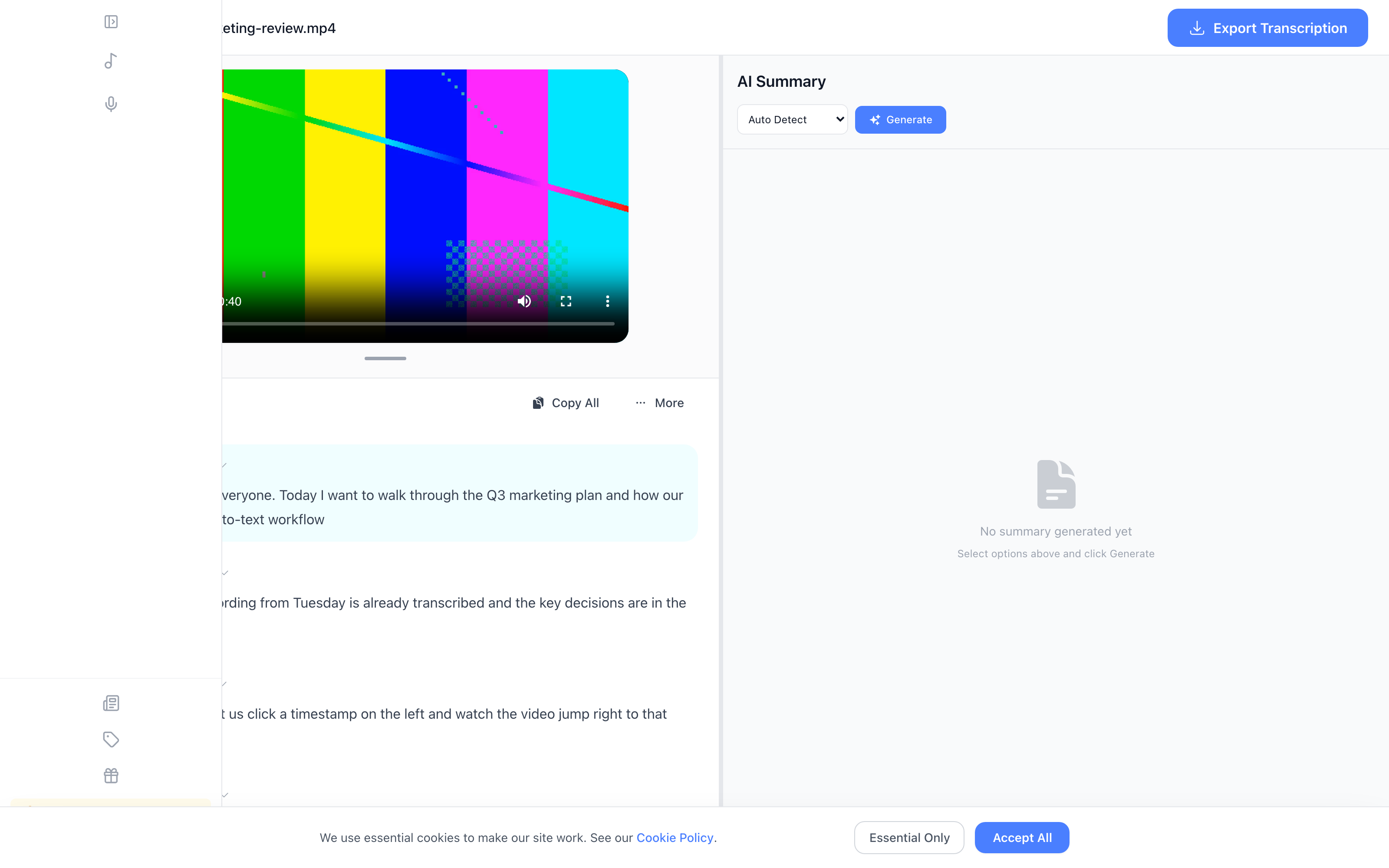 EZAudio video to text result screen showing a playing video next to a timestamped transcript and an AI summary panel