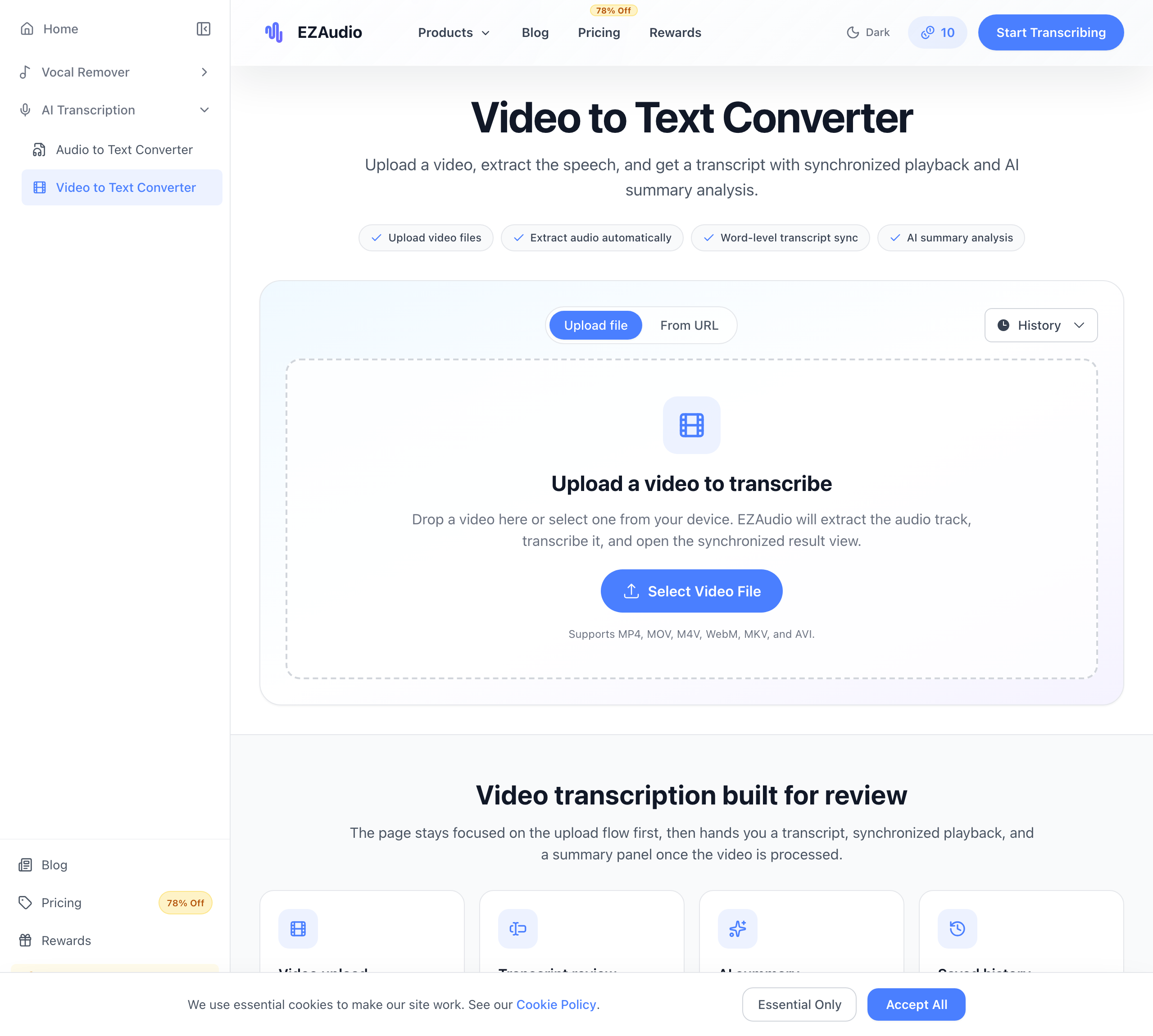 The EZAudio video to text converter upload screen with drag-and-drop and paste-URL input options