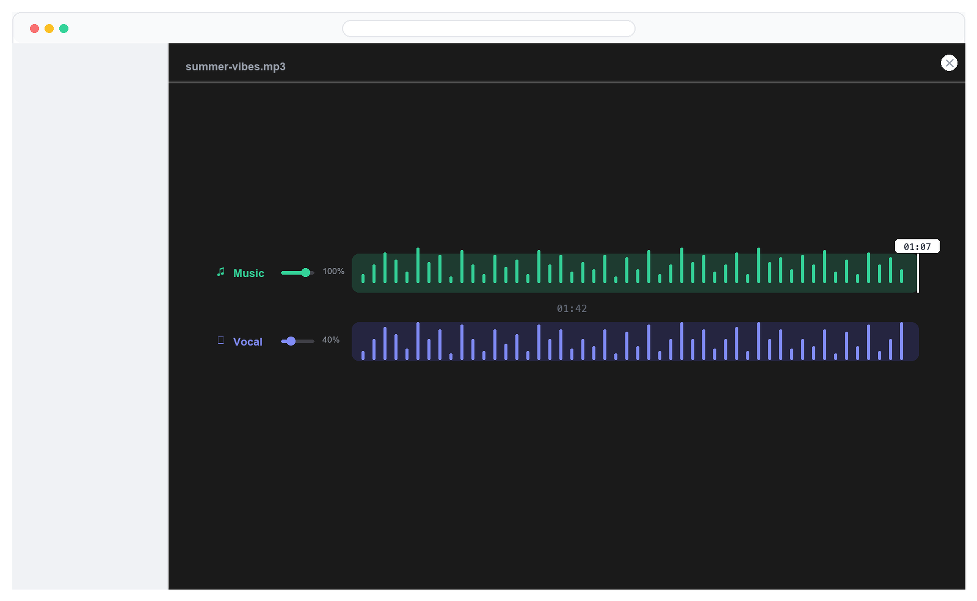 EZAudio vocal remover result screen with Music and Vocal tracks, each with a waveform, volume slider, and percentage, plus play and save controls