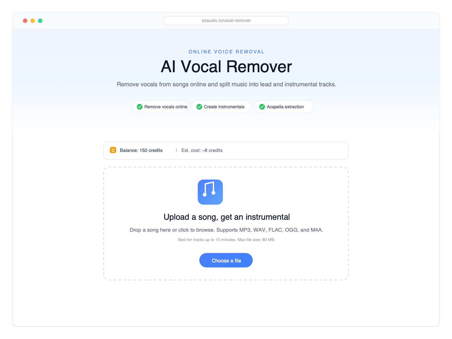 The EZAudio AI vocal remover upload screen with a drag-and-drop area, supported formats, and the credit balance bar